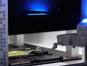 Robotic arm delivering a plate under a fully automatic sliding door