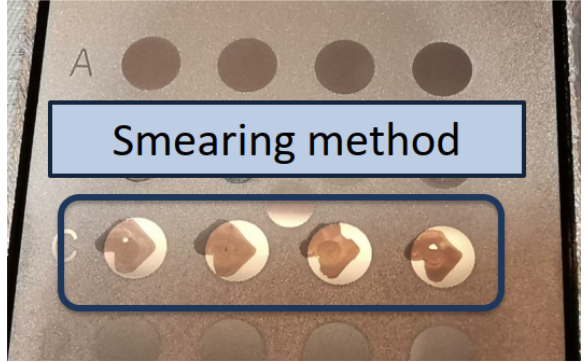 Figure 2. The two automated bacterial transfer methods were employed. The pin method (far left) ‘dabs’ the picked sample onto a spot on the target surface, while the smear method (left) forms a smear across the target surface.