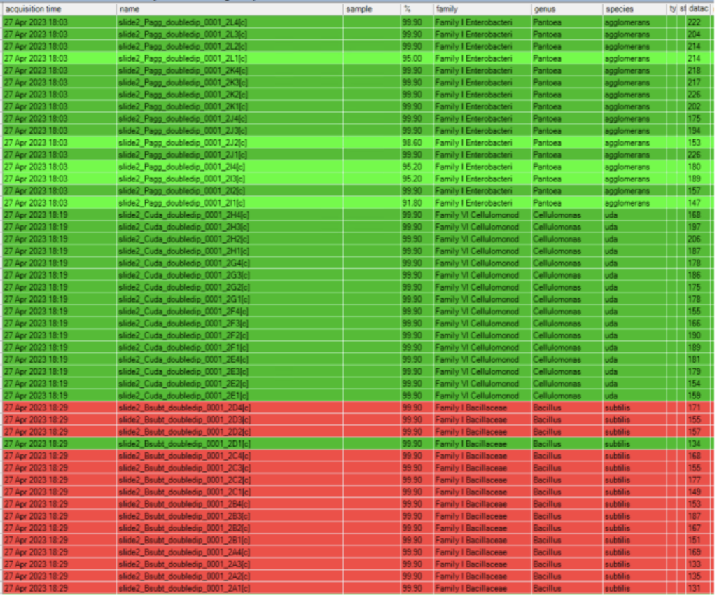 Figure 5. Identification results for the bacterial species B. subtilis, C. uda, and P. agglomerans when using the optimised automated method. Dark green = >99.9% confidence, light green = 90.0 – 99.8% confidence, red = mixed ID. 