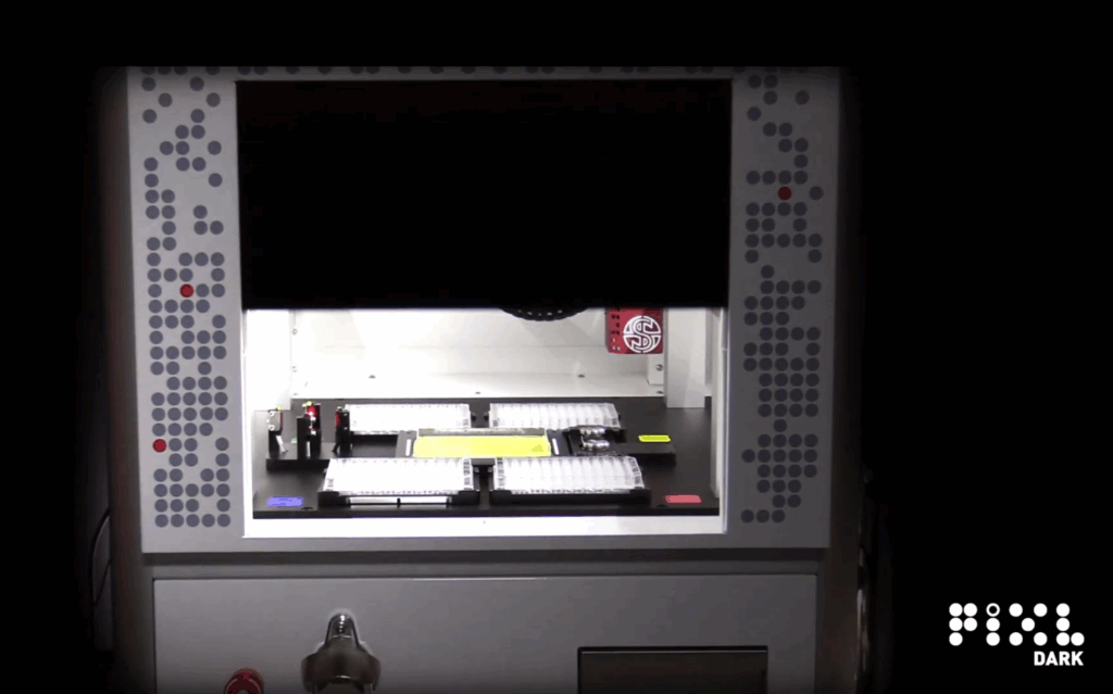 PIXL dark loaded with 96-well plates and SBS source plate with colonies