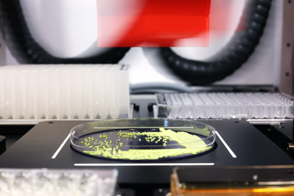 Blurred image showing PIXL Max moving quickly over a petri dish with bright green colonies