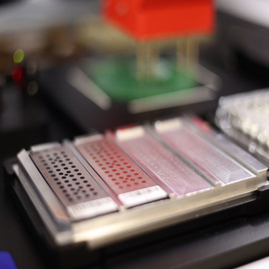 Close up image of four Shimadzu MALDI-TOF adapter sliders in the target bay of the PIXL precision microbial colony picker.