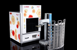 PIXL Max Colony Picker integrated with the Thermo Fisher Spinnaker Robotic arm. The vinyls show artists' impressions of different colonies in varying shades of beige to orange. Each colony has a different morphology.