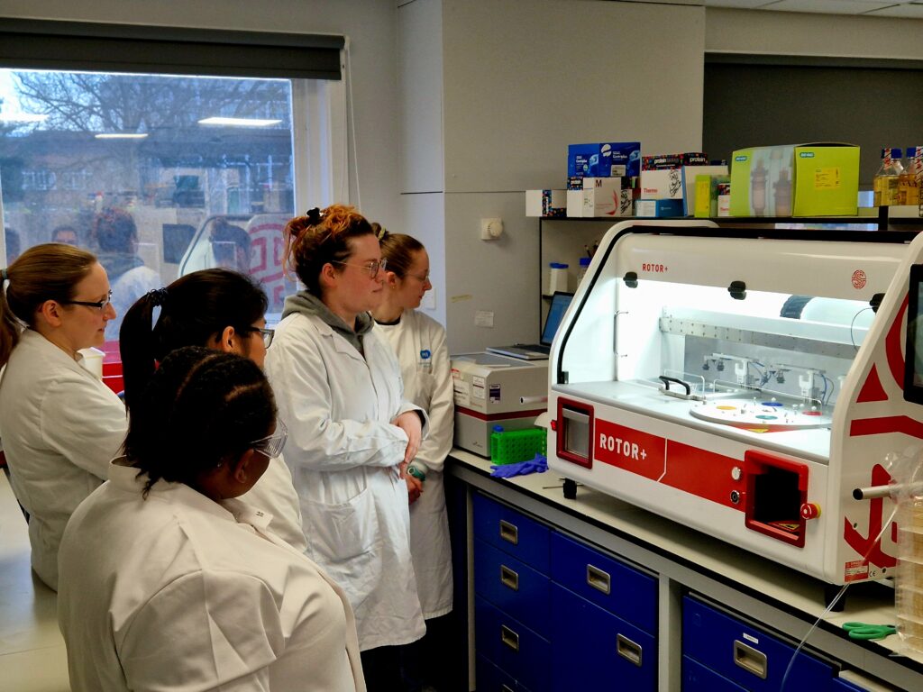 Scientists using ROTOR+ to run a high-throughput agar macrodilution assay to determine the minimum inhibitory concentration of strains.