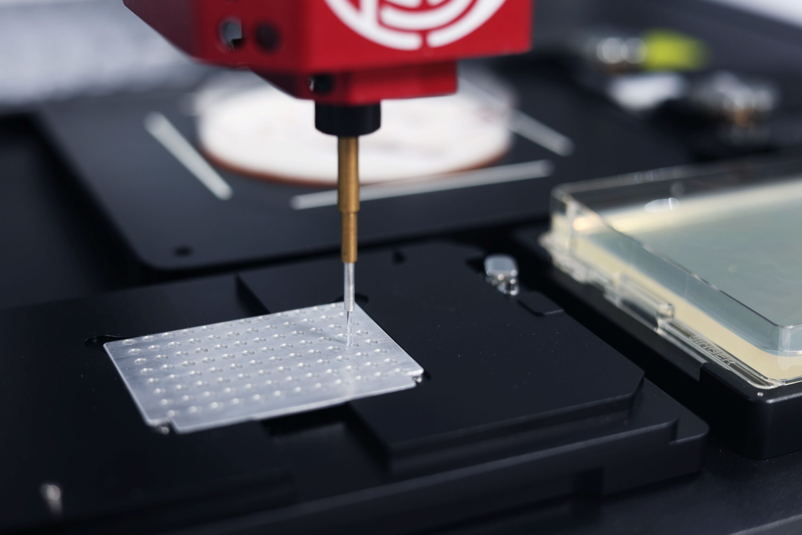 PIXL picks a microbial colony to a Bruker MALDI-TOF 96 MBT slide. 