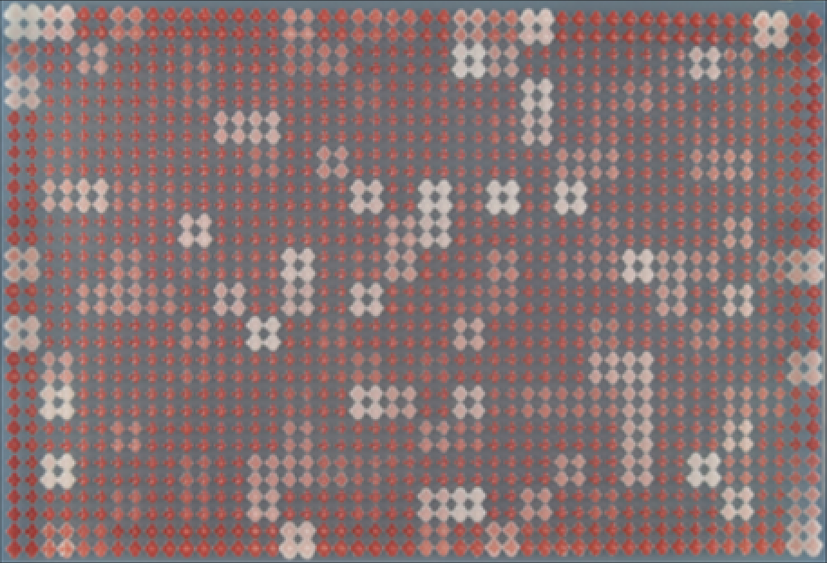 A 1536 colony array of a yeast library pinned onto agar. The colonies range from cream coloured to dusty pink to deep red.
